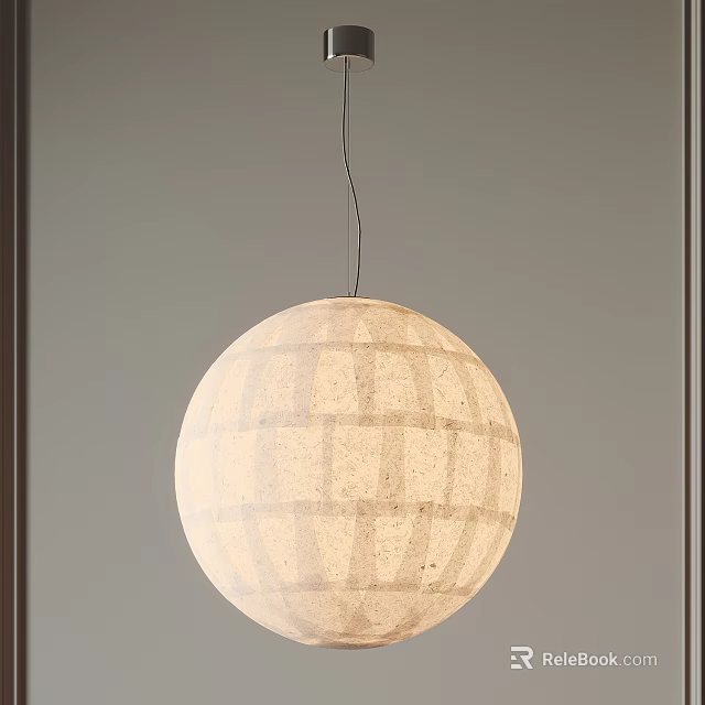 Beige Paper Spherical Pendant Light with Grid Pattern Hanging Against Grey Indoor Wall 3d model