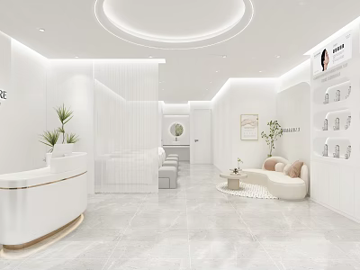 Bright Elegant Pure White Beauty Salon Interior Design With Comfortable Reception And Cozy Lounge Area 3d model