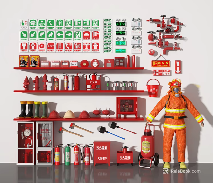 Fire Equipment Display With Fire Signs Hydrants Extinguishers Fire Tools And Firefighter Uniform 3d model