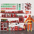 Fire Equipment Display With Fire Signs Hydrants Extinguishers Fire Tools And Firefighter Uniform 3d model