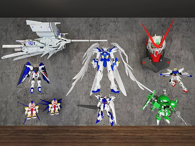 Game and Movie Gundam Characters Various Colored Model Figures Displayed on Wall and Shelf 3d model