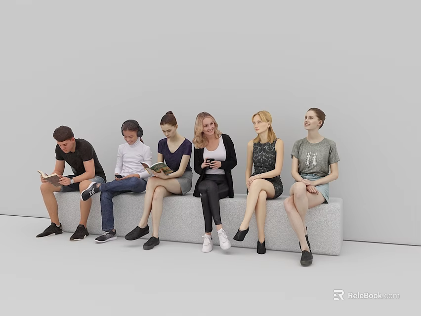 Women Sitting On A Bench Against White Wall Reading Books In Casual Outfits 3d model 