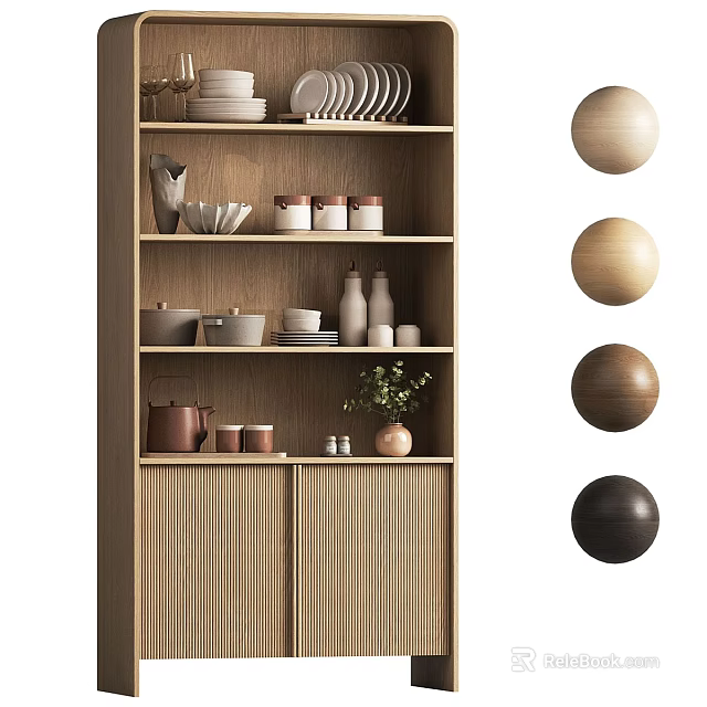 Natural Wood Sideboard Design With Open Shelves Plates Jars Vase Small Plant And Decorative Balls 3d model 