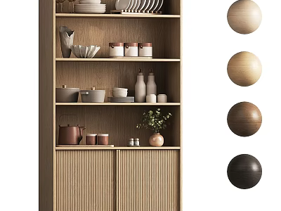Natural Wood Sideboard Design With Open Shelves Plates Jars Vase Small Plant And Decorative Balls 3d model