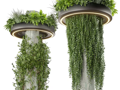 Lush Hanging Basket Plants With Trailing Greenery On Decorative Pillars 3d model