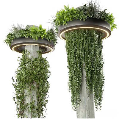 Lush Hanging Basket Plants With Trailing Greenery On Decorative Pillars 3d model