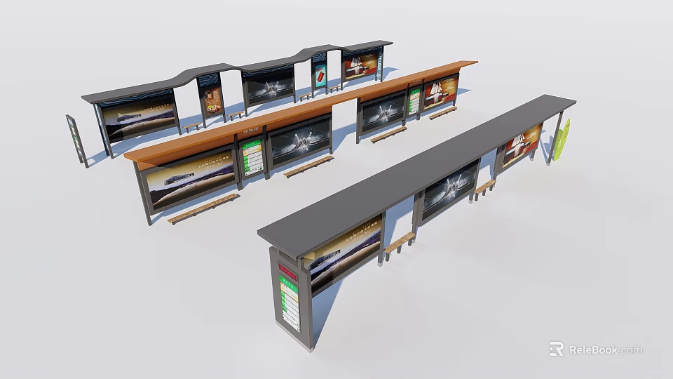 Multiple Modern Commercial Display Stands With Advertising Screens And Wooden Tops 3d model 