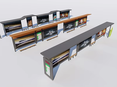 Multiple Modern Commercial Display Stands With Advertising Screens And Wooden Tops 3d model