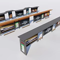 Multiple Modern Commercial Display Stands With Advertising Screens And Wooden Tops
