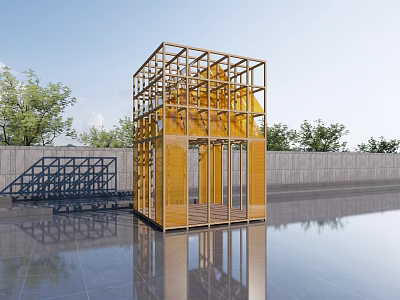 Yellow Framed Metal Art Installation With Reflection In Water Pool And Trees 3d model