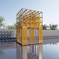 Yellow Framed Metal Art Installation With Reflection In Water Pool And Trees 3d model