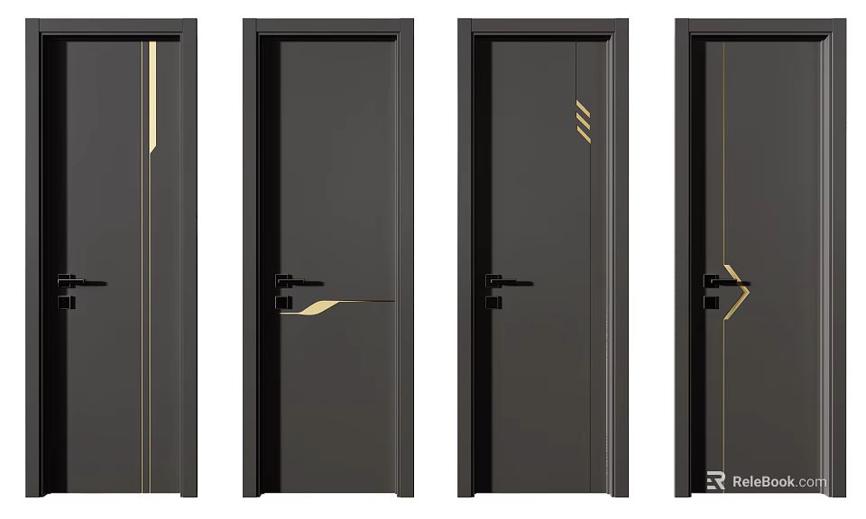 Black Swing Doors with Golden Decorative Lines and Modern Handle Designs for Home Interior 3d model 