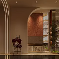 Elegant Reception Area With Arched Archway Patterned Wallpaper Marble Desk And Green Plant