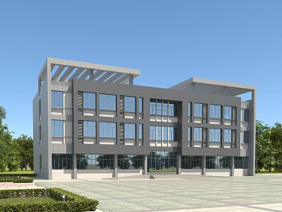 Modern Office Building Exterior With Large Glass Windows And Sunshade Structure Surrounded by Greenery 3d model