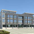 Modern Office Building Exterior With Large Glass Windows And Sunshade Structure Surrounded by Greenery