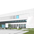 Modern White Office Building Featuring Symmetrical Design Large Windows Greenery And Water Pool In Front