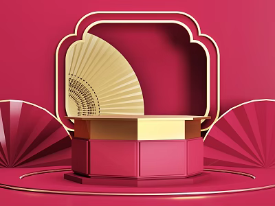 Elegant Red Background With Golden Decorative Display Stand And Fan Shaped Elements 3d model