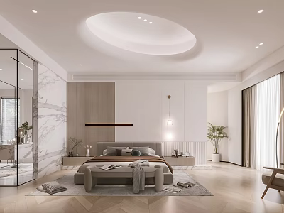 Modern Bedroom Interior Design With Circular Ceiling Light Bed Nightstands Rug Potted Plant And Curtains 3d model