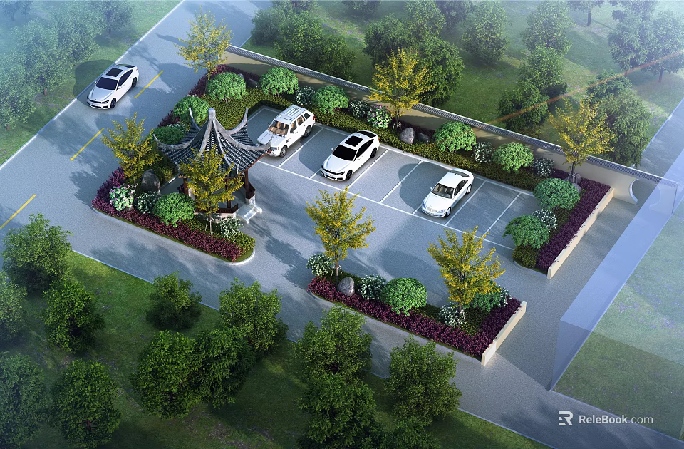 Scenic Parking Lot Design With White Cars Landscaping Pavilion And Green Trees 3d model 