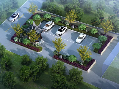 Scenic Parking Lot Design With White Cars Landscaping Pavilion And Green Trees 3d model