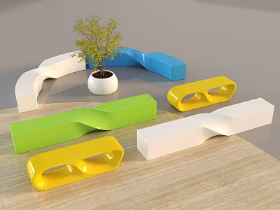 Colorful Curved Public Chairs Interior With Small Potted Plant And Wooden Floor 3d model