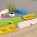 Colorful Curved Public Chairs Interior With Small Potted Plant And Wooden Floor