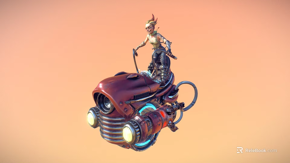 Futuristic Blonde Female Character Standing On Red Mechanical Creature With Headlights Pipes And Orange Sky 3d model 