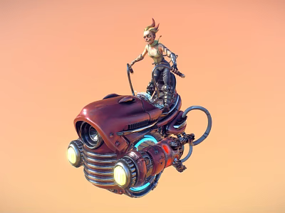 Futuristic Blonde Female Character Standing On Red Mechanical Creature With Headlights Pipes And Orange Sky 3d model