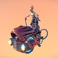Futuristic Blonde Female Character Standing On Red Mechanical Creature With Headlights Pipes And Orange Sky