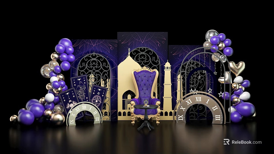 Elegant Photo Spot With Purple Balloons Golden Chair Arches Clocks And Castle Silhouettes 3d model 