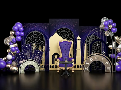 Elegant Photo Spot With Purple Balloons Golden Chair Arches Clocks And Castle Silhouettes 3d model