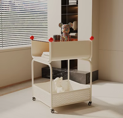 White Side Table With Wheels Red Ball Decorations Colorful Doll And White Sculpture 3d model