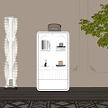 White Entryway Console Cabinet With Glass Doors Books Decorative Items Striped Panel And Green Plant
