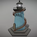 Light Blue Lighthouse Tower with Spiral Staircase Wooden Door and Illuminated Top on Gray Base