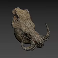 Prehistoric Animal Fossil Skull With Curved Horns And Detailed Bone Structure