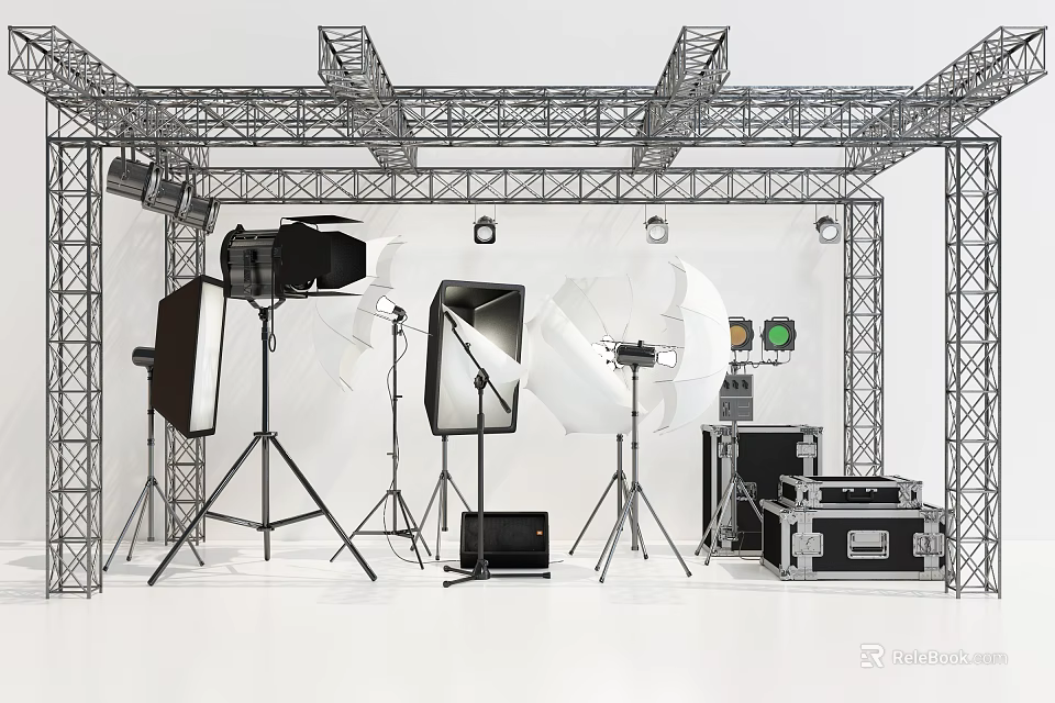 Commercial Studio Equipment Setup With Lighting Tripods Softboxes And Metal Truss 3d model 