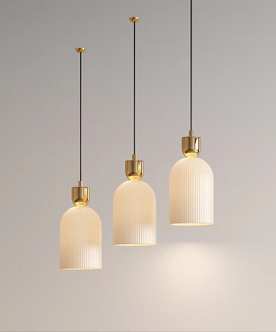 Modern Three Glass Pendant Lights With Gold Accents And Ribbed Shades For Interior Decor 3d model