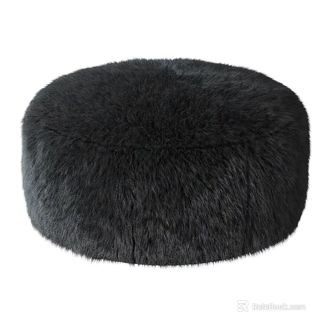 Black Furry Round Ottoman Soft Plush Footrest for Living Room Seating 3d model 