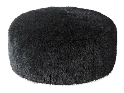 Black Furry Round Ottoman Soft Plush Footrest for Living Room Seating 3d model