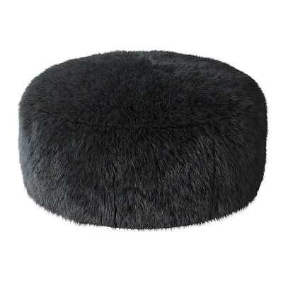 Black Furry Round Ottoman Soft Plush Footrest for Living Room Seating 3d model