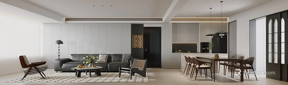 Modern Living Room Interior With Black Sofa Armchair Coffee Table And Golden Lattice Wall 3d model 