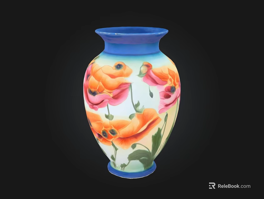 Ceramic Vase With Blue Rim And Floral Design Featuring Orange Pink Flowers And Green Leaves 3d model 