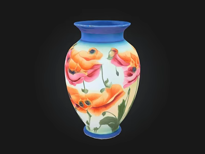 Ceramic Vase With Blue Rim And Floral Design Featuring Orange Pink Flowers And Green Leaves 3d model