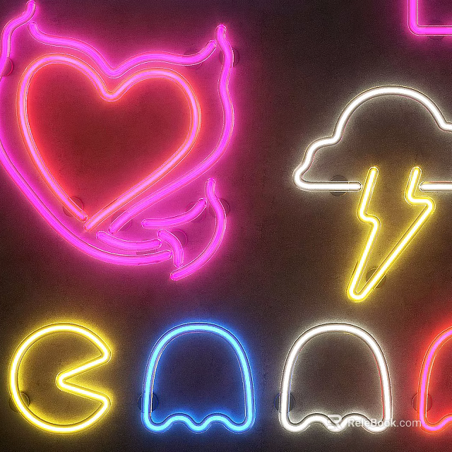 Colorful Decorative Neon Lights Featuring Heart Cloud and Lightning Shapes in Pink Yellow Blue 3d model 