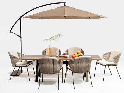 Outdoor Table Set With Cantilever Umbrella Chairs Fruit And Plant Decor 3d model
