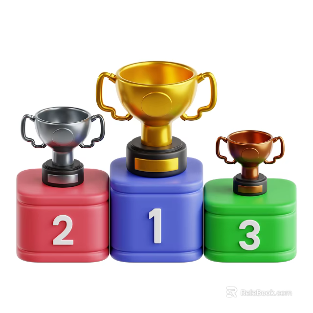 Decorative Ornament Set With Gold Silver Bronze Trophies On Colored Bases Number 1 2 3 3d model 
