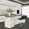 Modern Kitchen Interior Design With White Cabinets Marble Island Black Bar Stools And Window Greenery