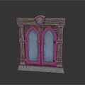 Medieval Wooden Door With Double Arched Blue Glass Metal Accents Star Top And Stone Base