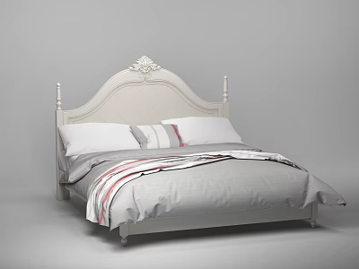 White Double Bed With Carved Headboard Gray Comforter And Striped Pillows 3d model