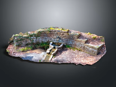 Ancient Stone Building With Moss Covered Walls Small Water Pool And Gravel Debris 3d model